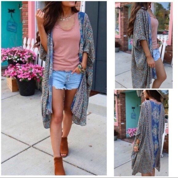 𝅺boho Print Kimono with Border Accent. - Picture 1 of 14